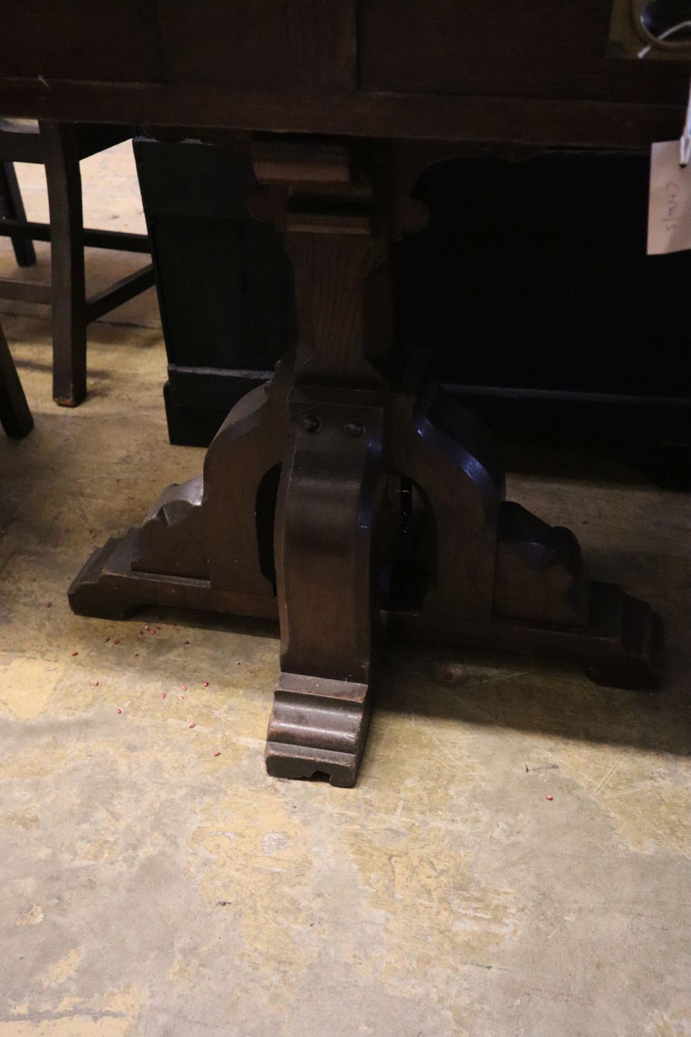 A Gothic style pitch pine two drawer side table, width 100cm depth 55cm height 83cm